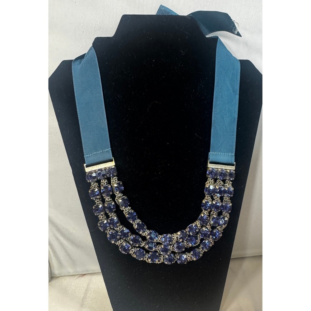 BlueRhinestone Multi Strand Necklace Ribbon tie, vtg, wedding, something blue